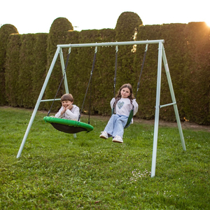 Altalena da giardino doppia con telaio e corde - seduta e nido di cicogna