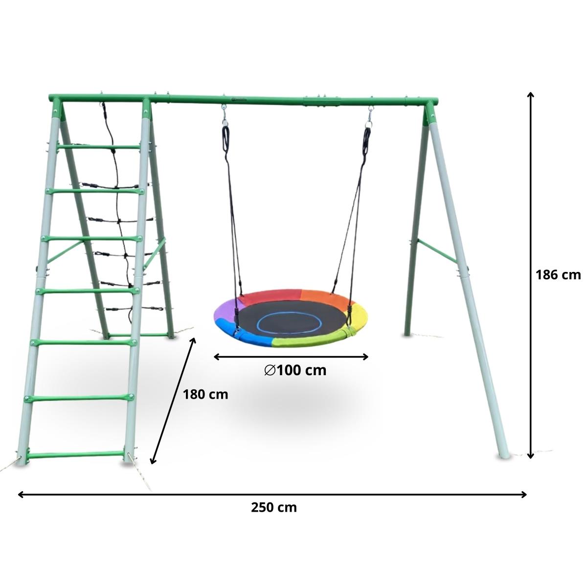 Parco giochi da giardino XL per bambini con altalena a nido di cicogna, scala e rete da arrampicata