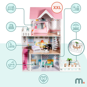 XXL La più grande casa delle bambole in legno - 123 cm - illuminata a LED - terrazza, accessori, giardino
