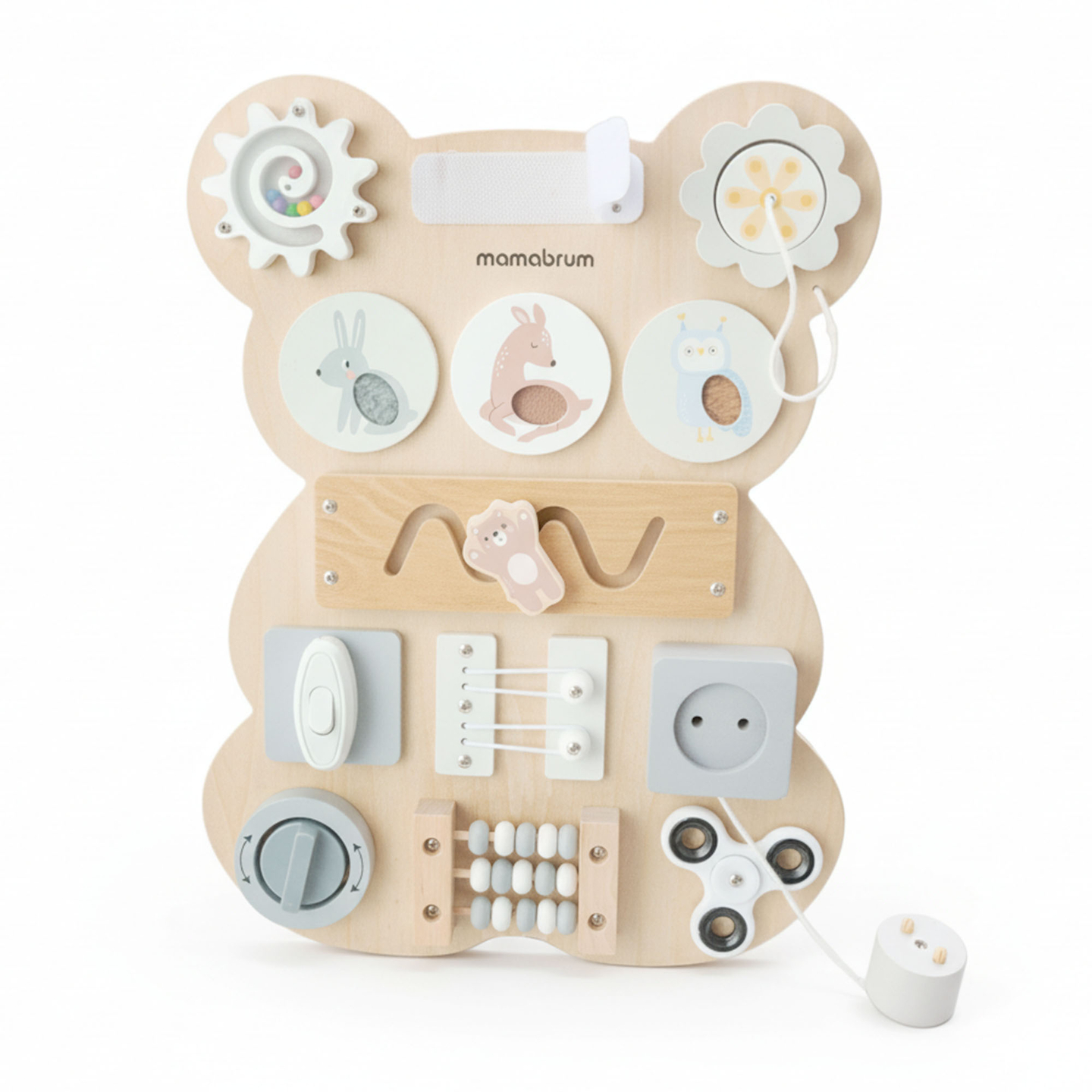 Tavola manipolativa in legno Montessori a forma di orsetto - apprendimento sensoriale dell'indipendenza: velcro, spina, labirinto, manopola a scatto
