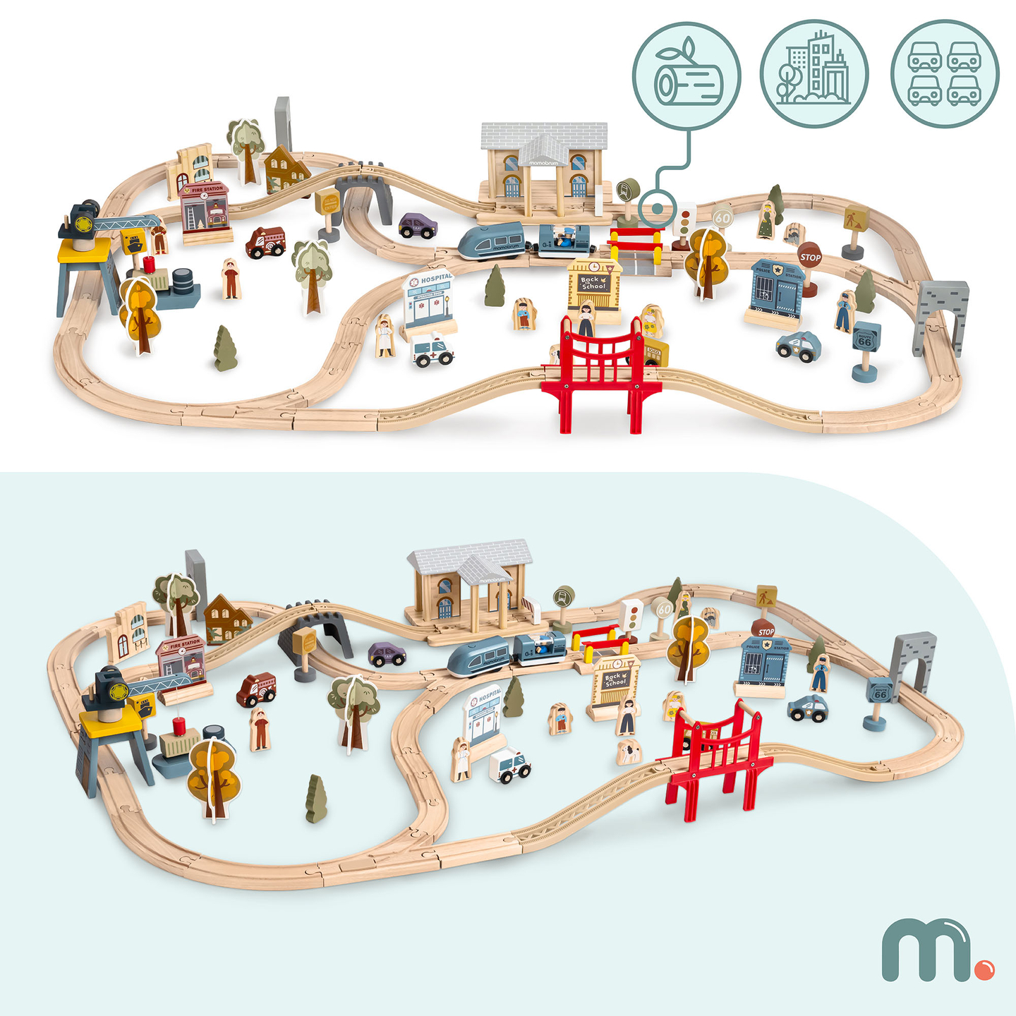 Ferrovia urbana in legno con treno elettrico - gru mobile, nave, ponti