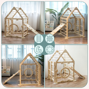 Parco giochi in legno al coperto per bambini: una casa con scale e uno scivolo