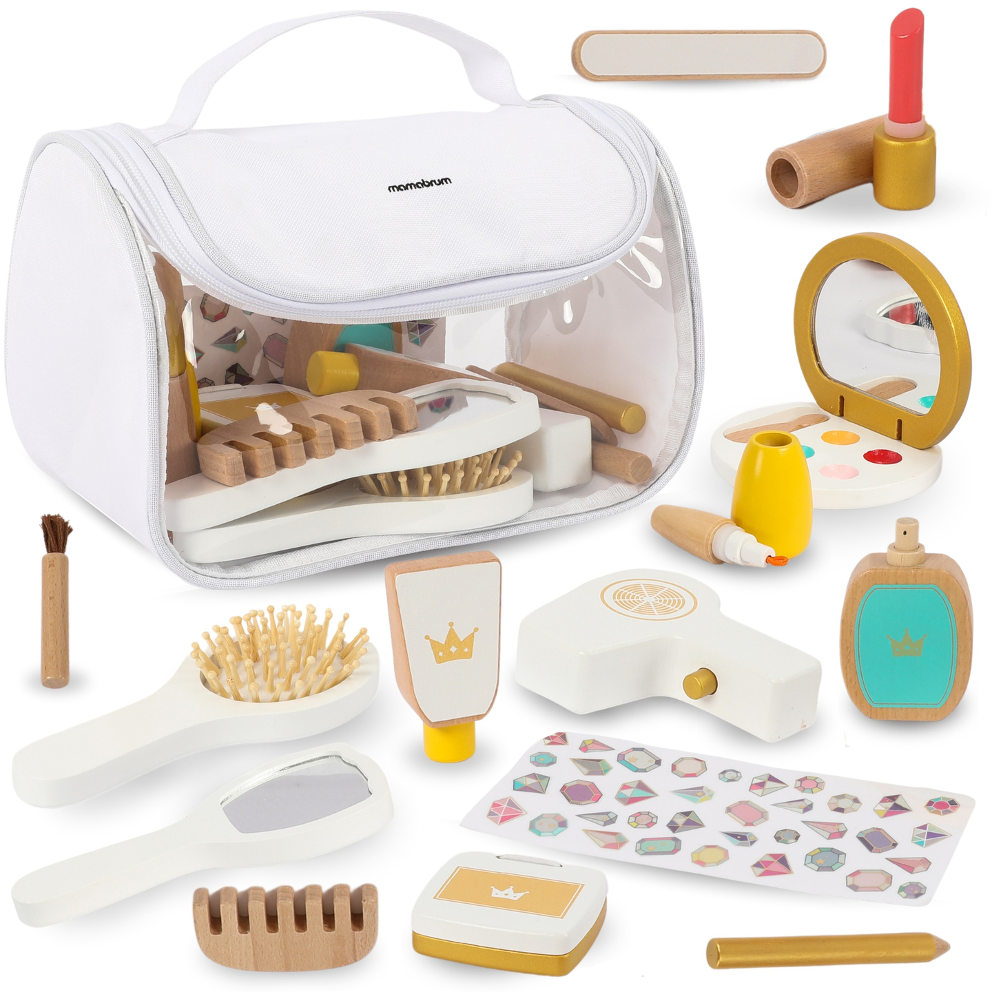 Set da trucco per bambini - borsa per il trucco + accessori in legno, 15 pezzi