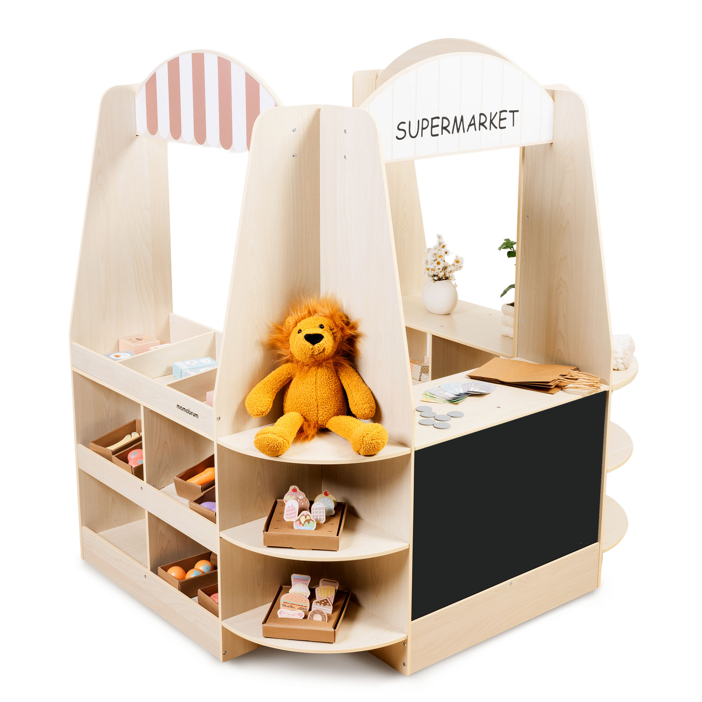 Grande negozio in legno per bambini con lavagna: 91 pezzi per divertirsi a fare shopping!