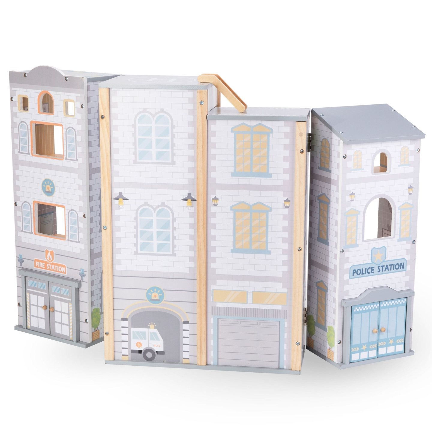 Grande stazione dei pompieri pieghevole con stazione di polizia - set in legno. Stazione dei pompieri e stazione di polizia con accessori.