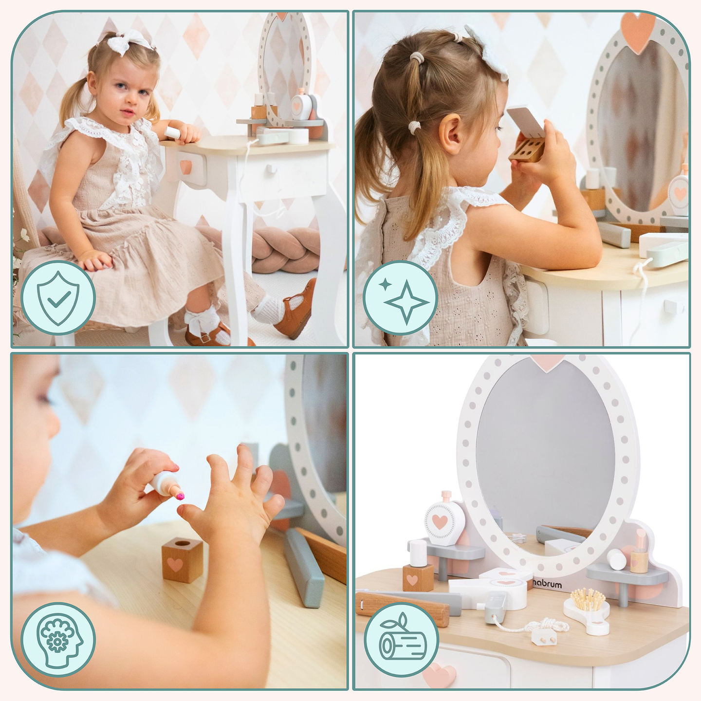 Tavolino da toilette in legno con sgabello e accessori