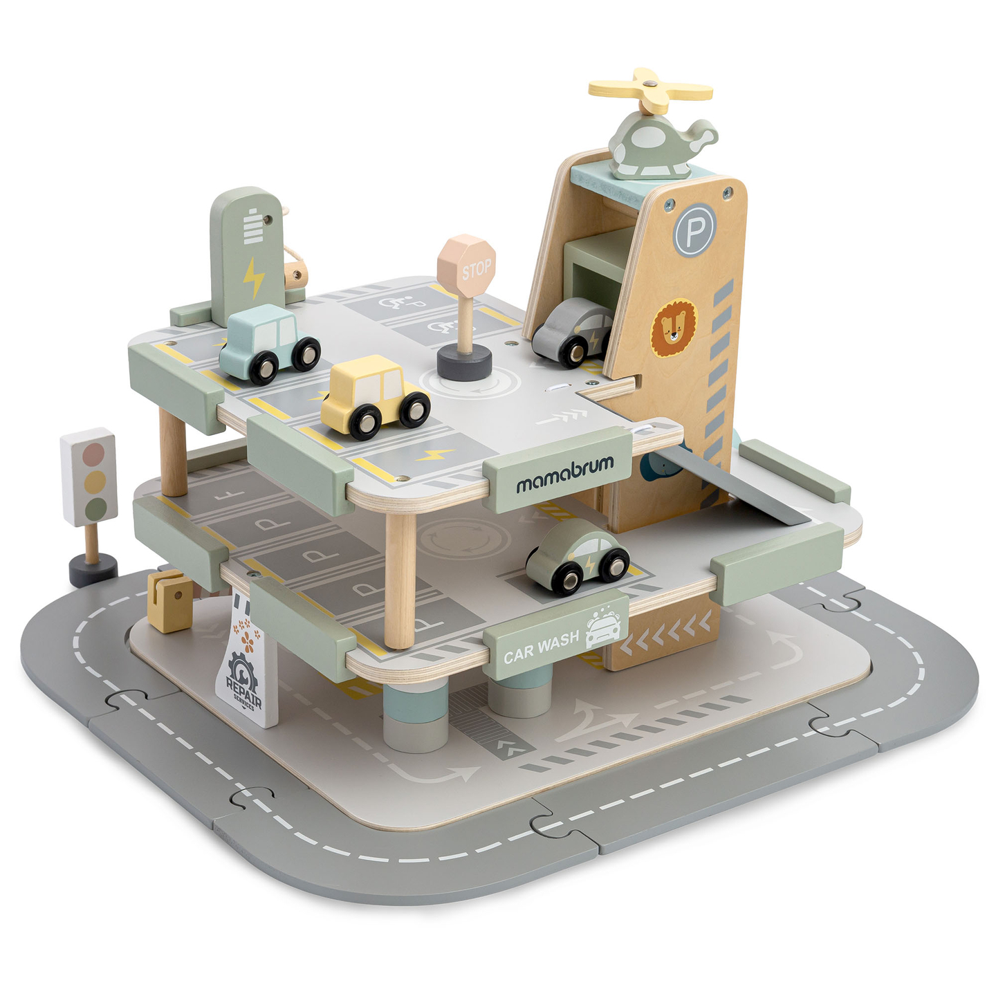 Garage in legno a tre piani per bambini con accessori: parcheggio, stazione di servizio, autolavaggio, elicottero