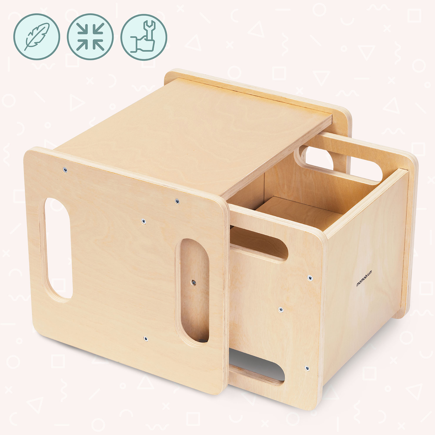 Tavolo e sedia in legno con funzione di gradino: un set Montessori multifunzionale per bambini