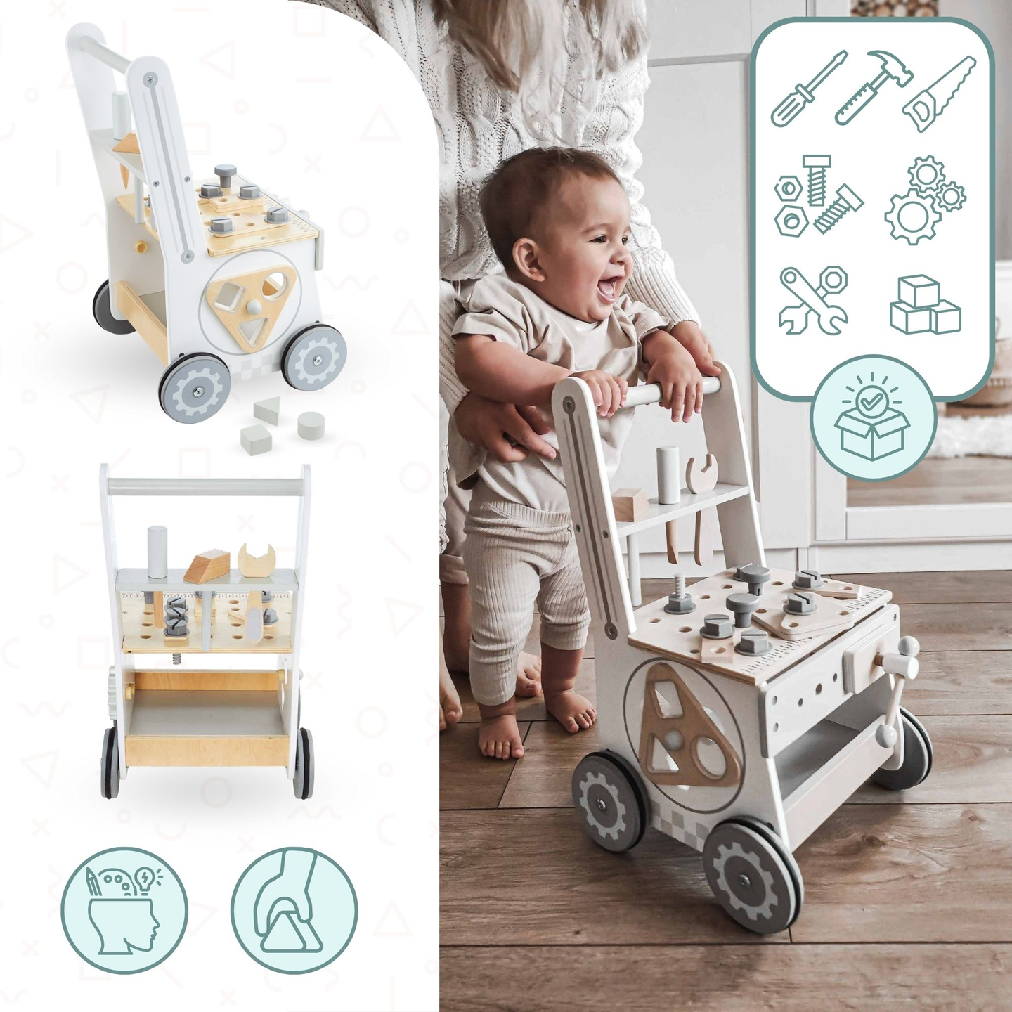 Deambulatore, spingitore e laboratorio in legno 3 in 1 - 47 elementi