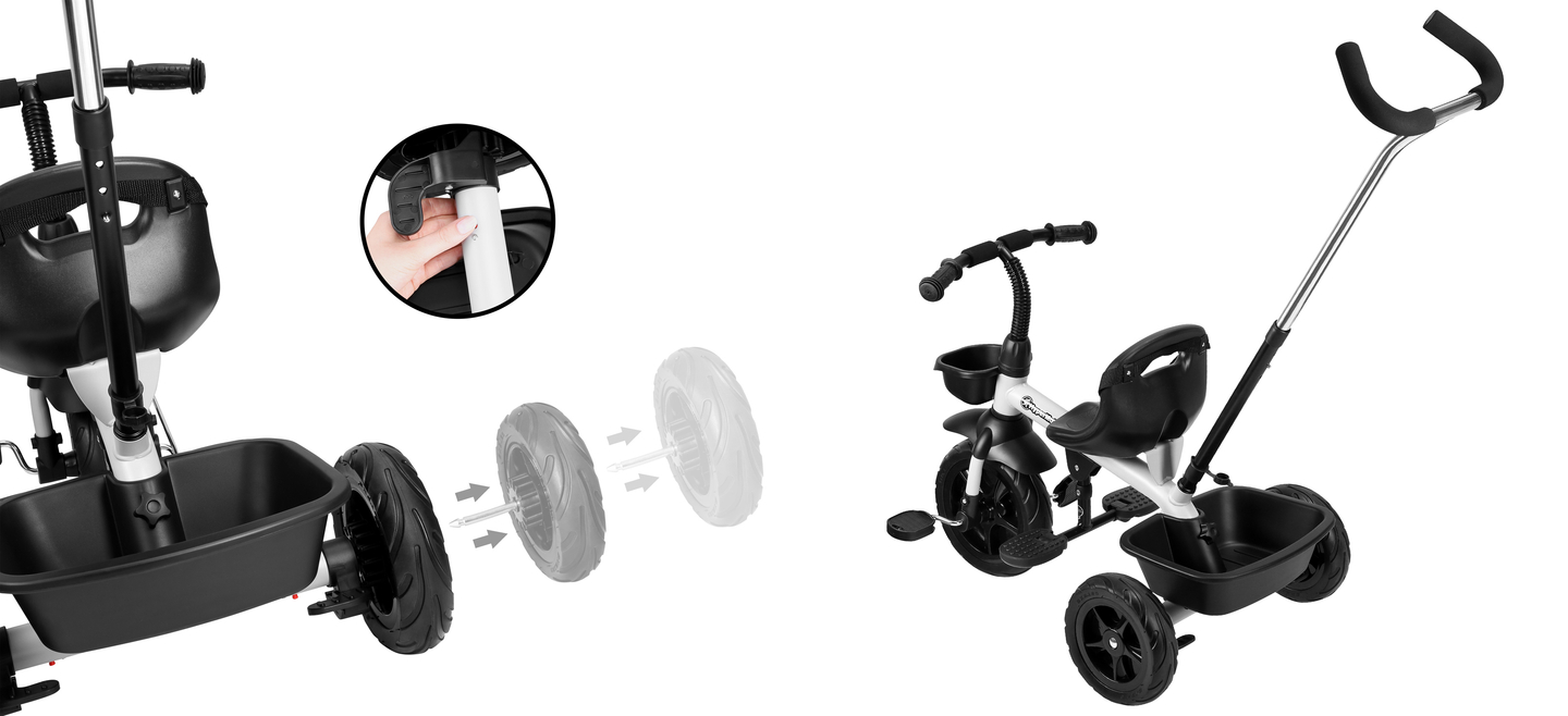 HyperMotion TOBI VECTOR triciclo - ruote gonfiabili eterne + barra di spinta. Colore: grigio chiaro.