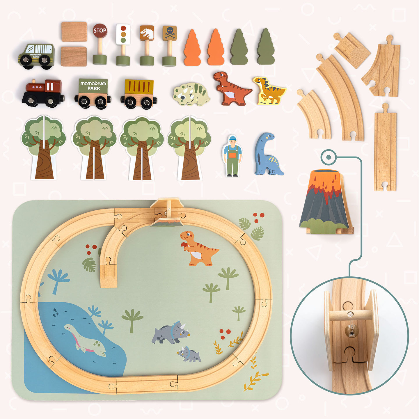 Trenino in legno Dino Park con tappetino antiscivolo - dinosauri, treno, binari, vulcano, campana