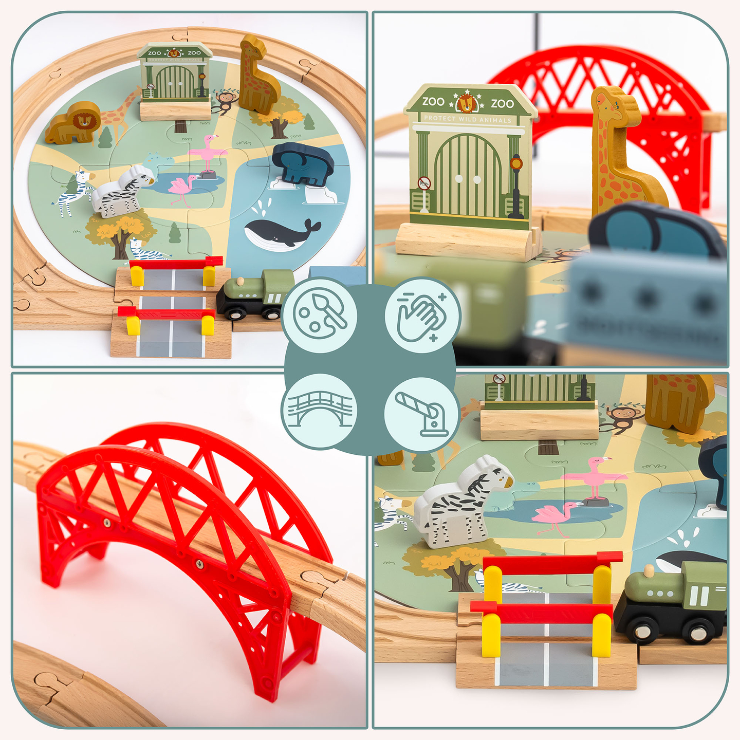Treno ZOO in legno – puzzle, treno, binari, animali, ponte, barriera
