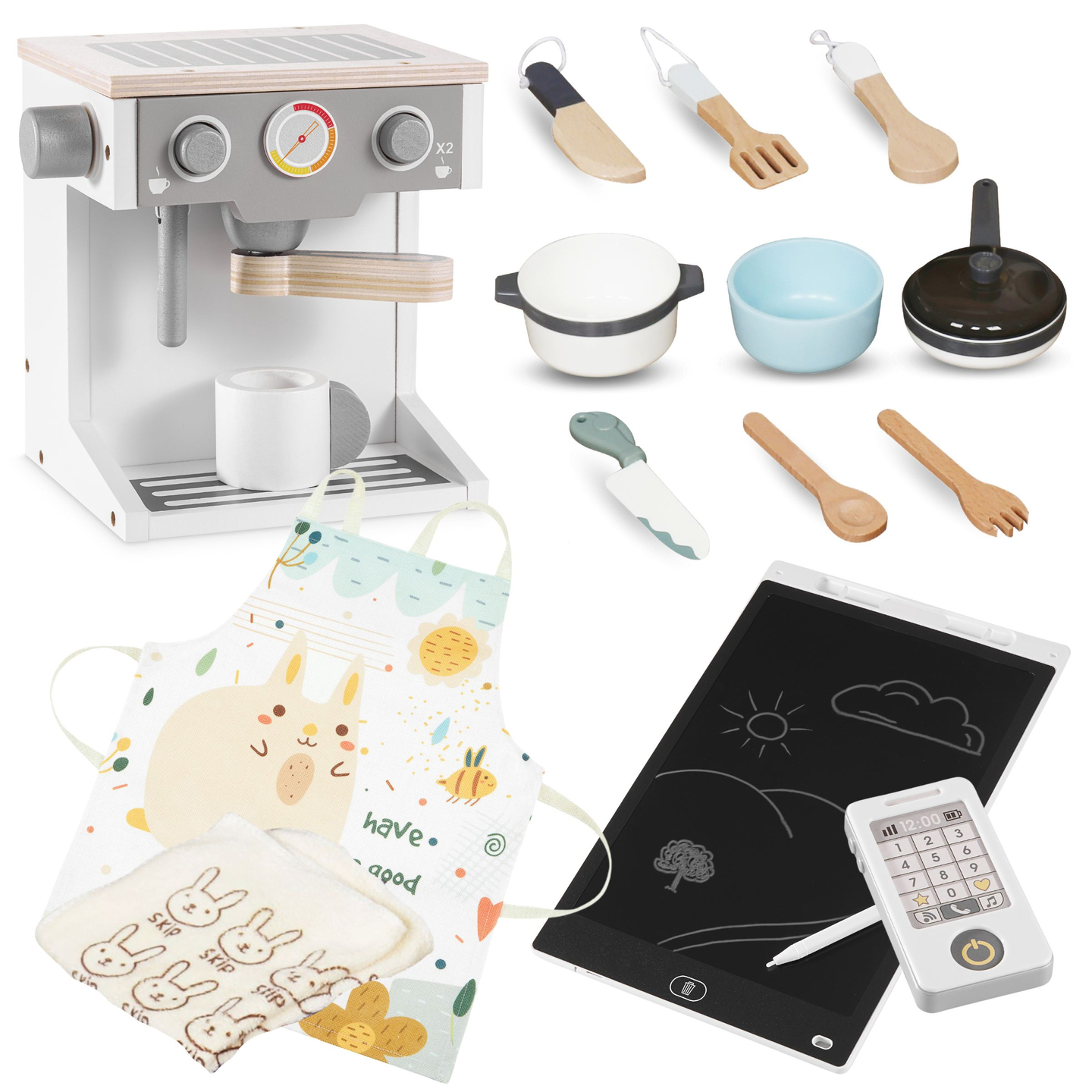 XXXXL grande cucina interattiva in legno con illuminazione a LED, lavatrice, macchina del caffè a microonde e set di frutta e verdura - 50 elementi