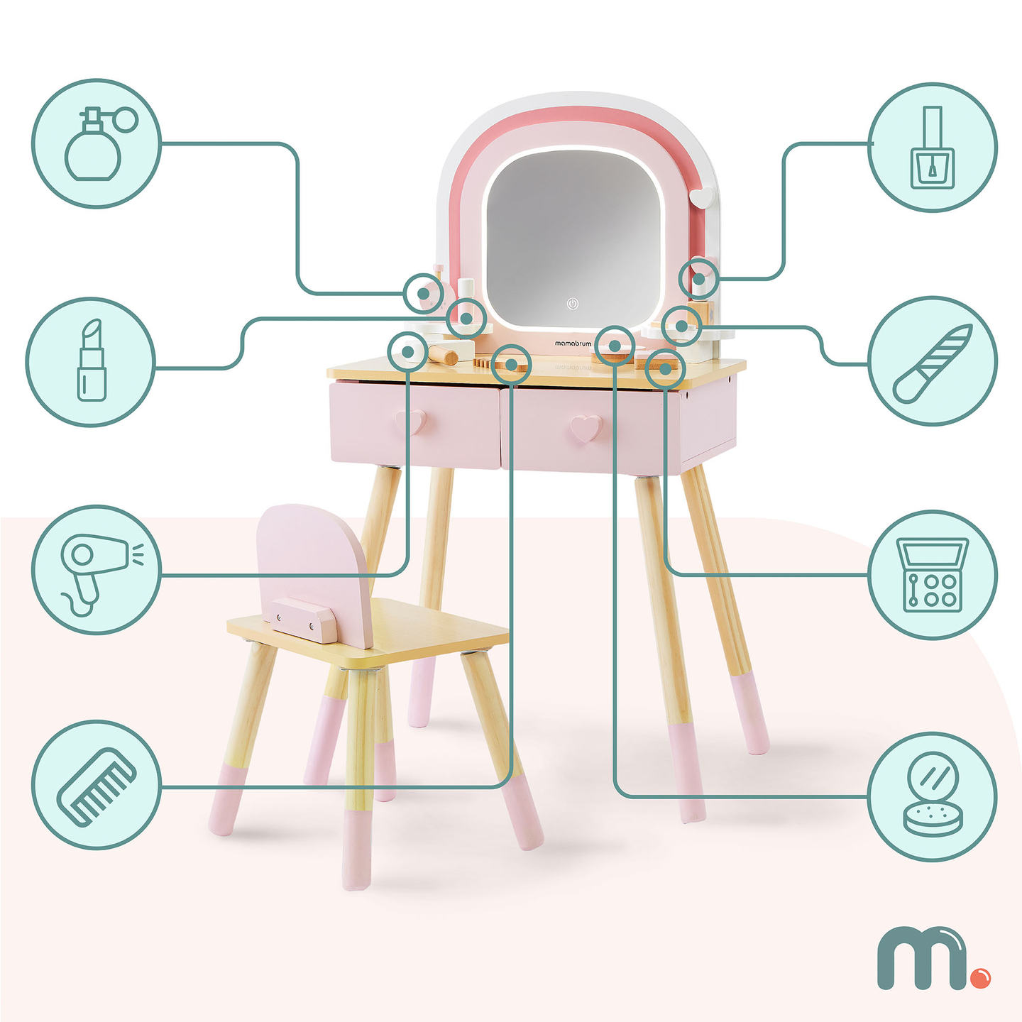 Toeletta in legno per bambini con illuminazione a LED con regolazione continua della luminosità, sedia e accessori