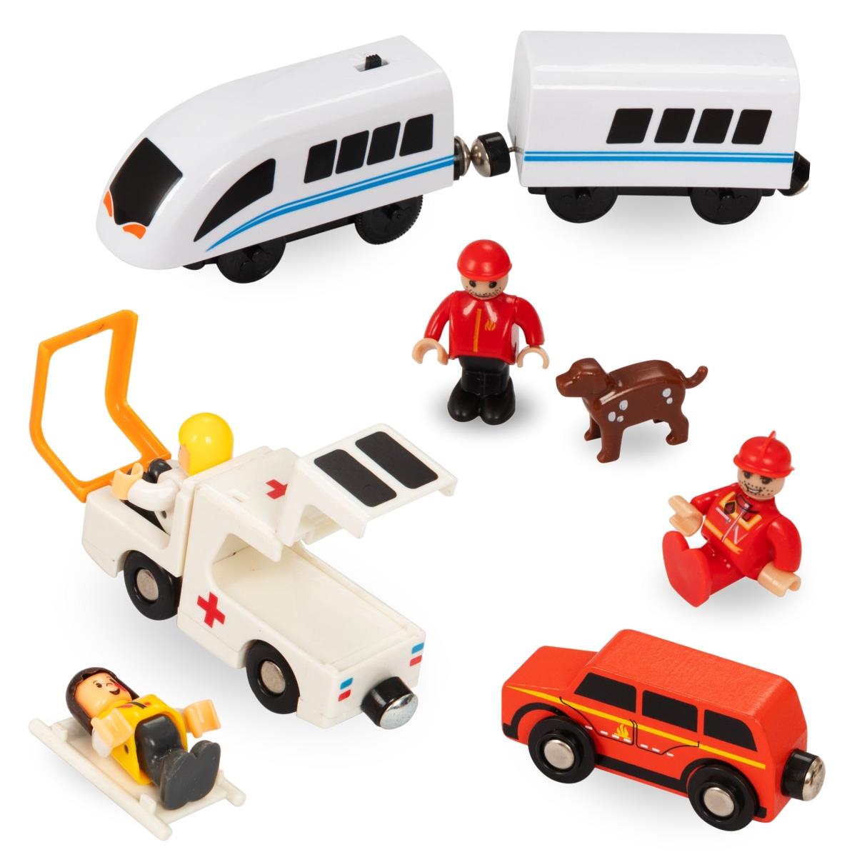 Treno in legno, treno a batteria - Vigili del fuoco, binari, automobili, ponti, barriera