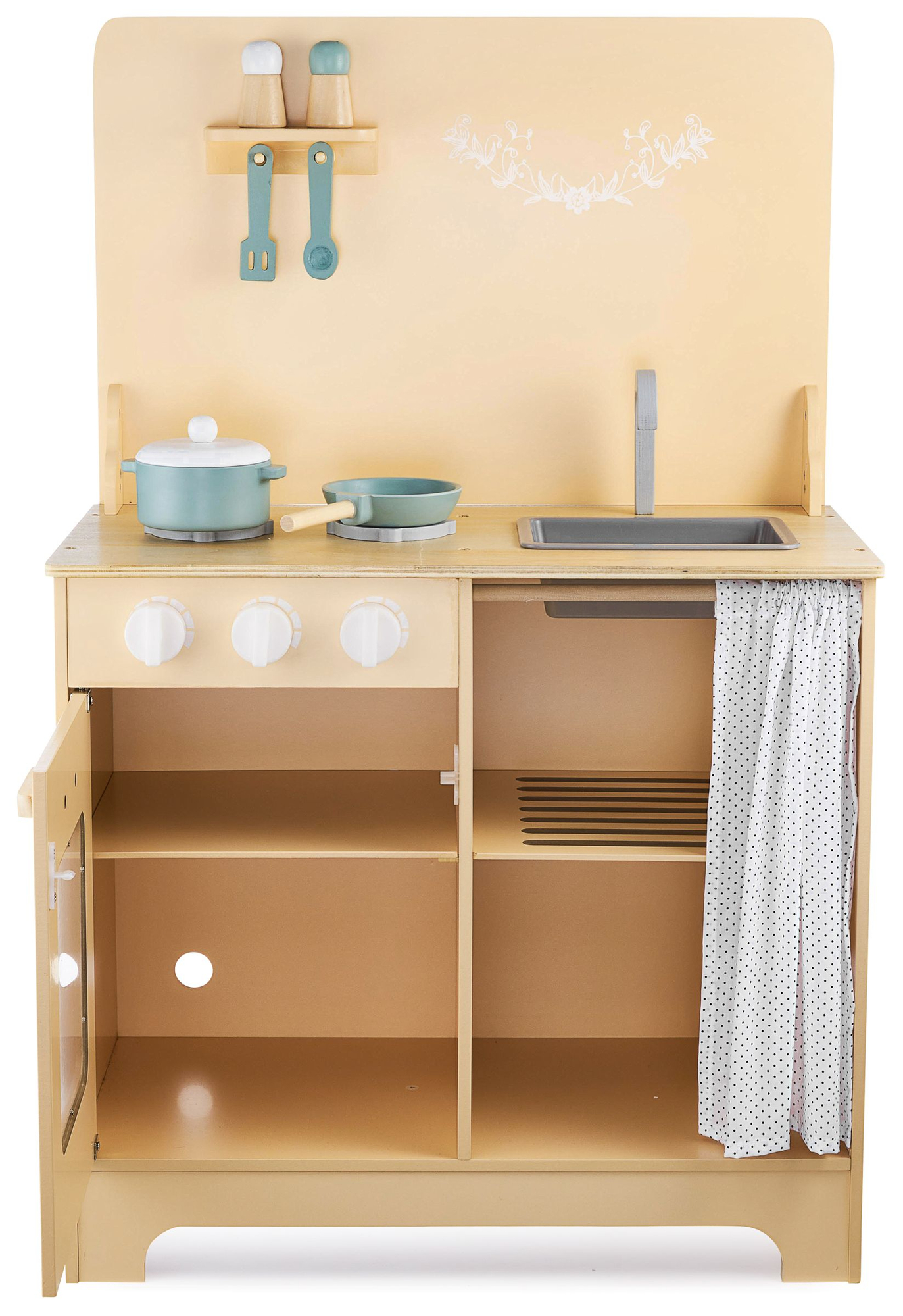 Cucina in legno con grembiule, accessori e illuminazione a LED