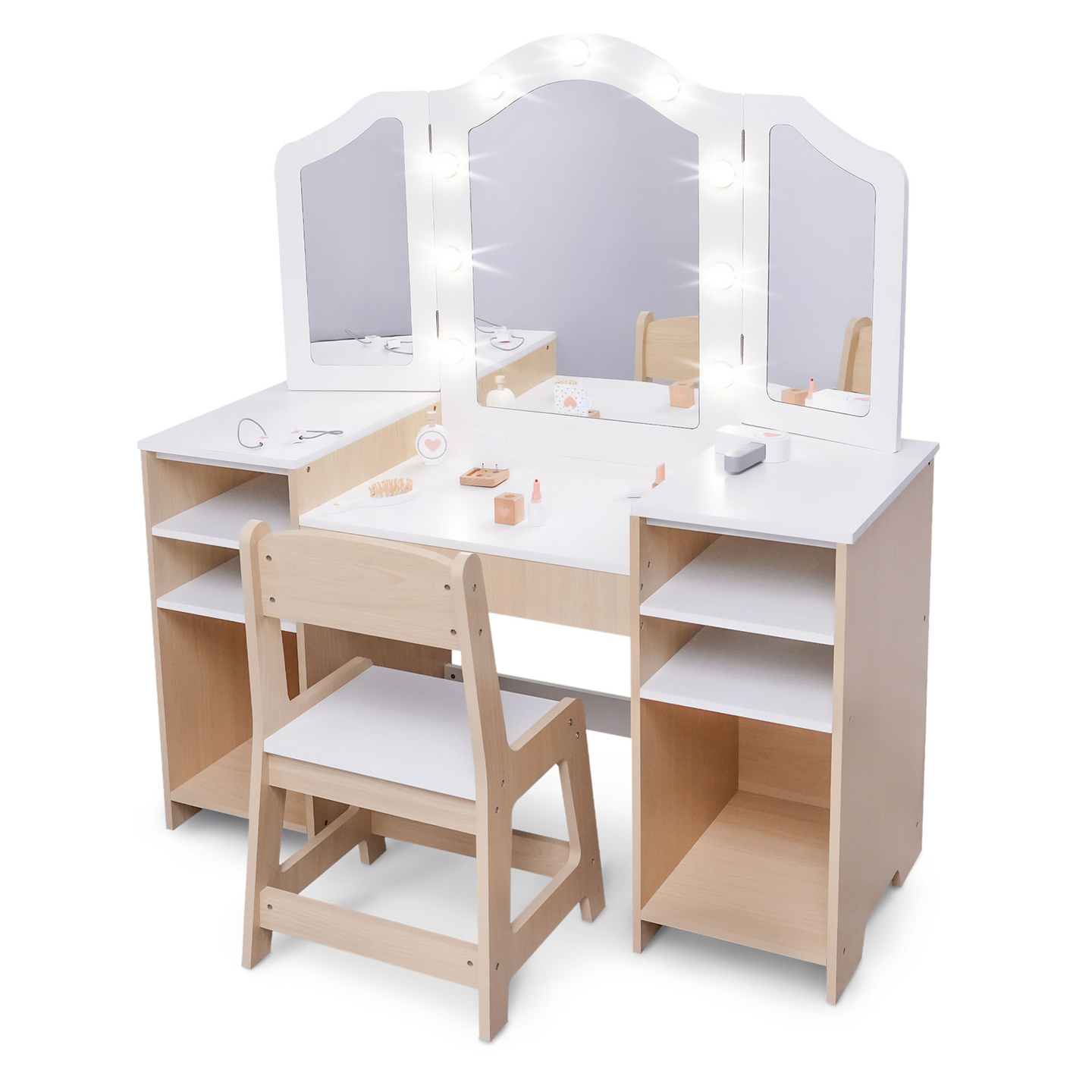 Tavolino da toeletta per bambini in legno con sedia, accessori e illuminazione a LED