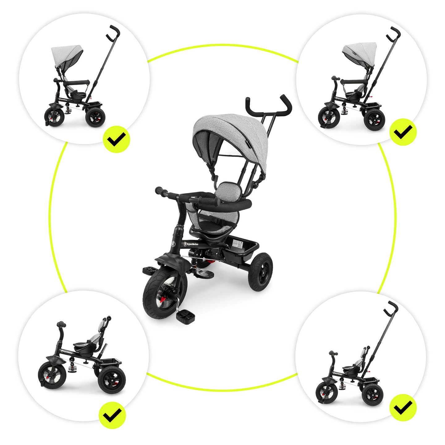 Triciclo per bambini 1-4 anni - TOBI FREY - colore grigio - girevole - ruote pompate + spingitore