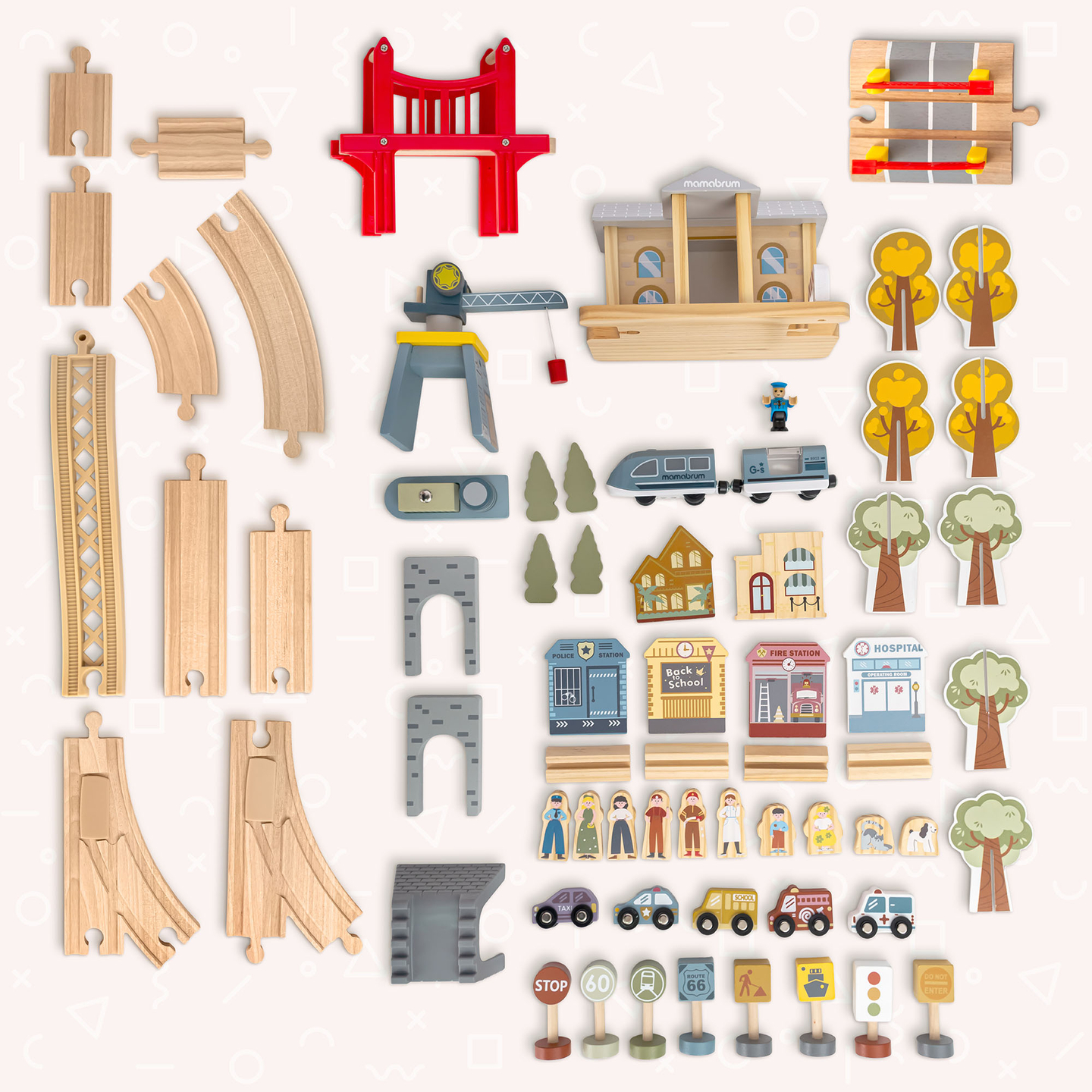 Ferrovia urbana in legno con treno elettrico - gru mobile, nave, ponti