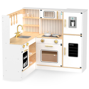 Cucina ad angolo interattiva in legno XXXL con frigorifero, microonde, forno, lavastoviglie e accessori - bianco