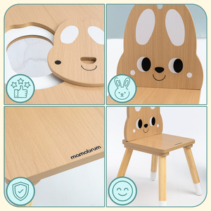 Tavolo in legno con contenitore e 2 sedie Set per bambini - Coniglio carino