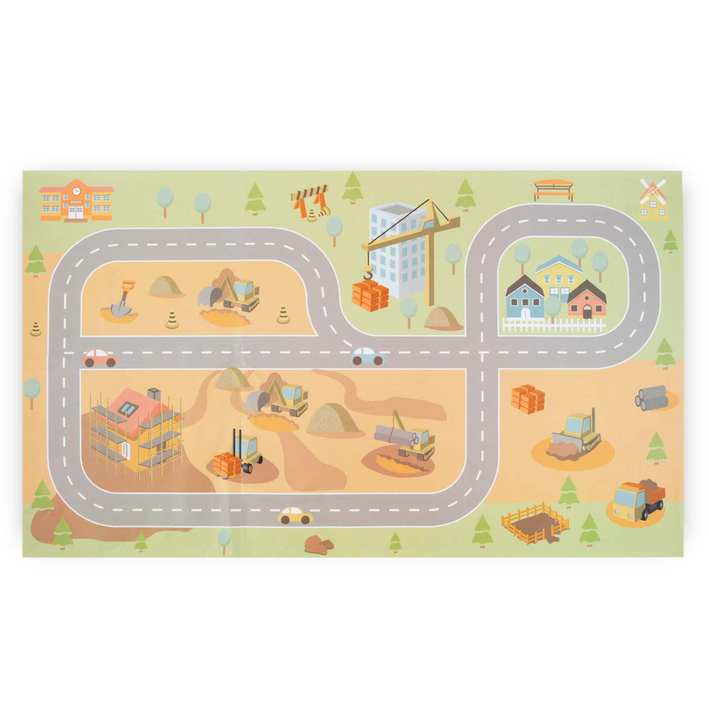 Cantiere in legno con gru mobili e veicoli di grandi dimensioni, gru a torre