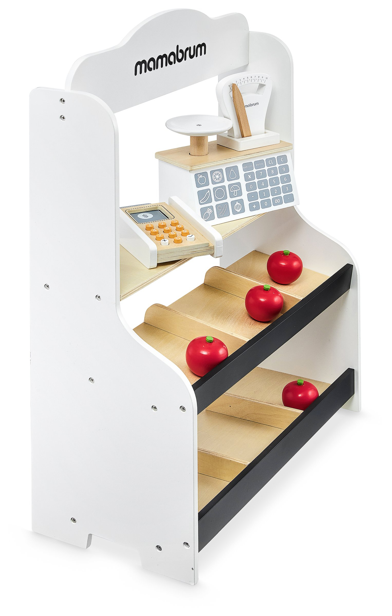 Mini market - negozio con bilancia, terminale, carta di pagamento e frutta