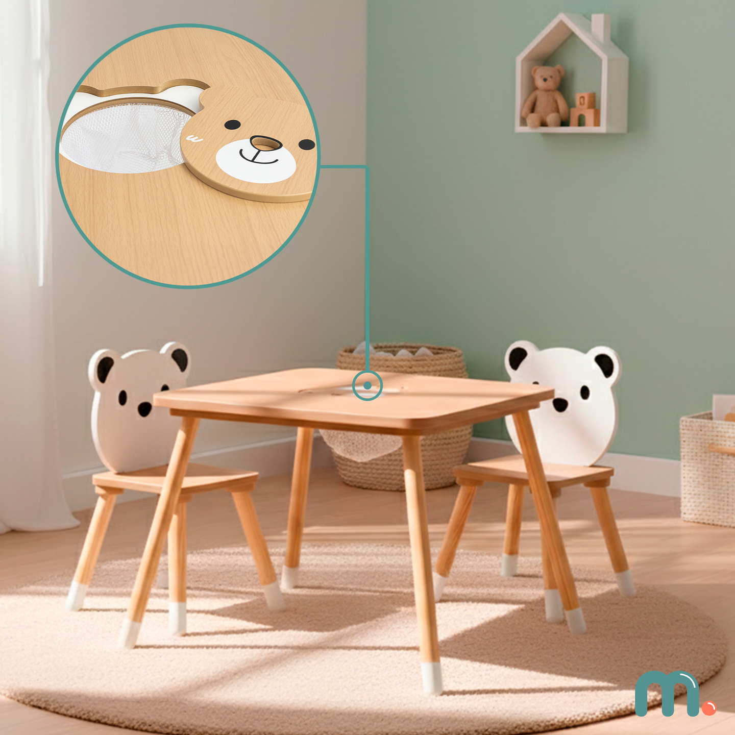 Tavolo in legno con contenitore e 2 sedie Set per bambini - Orsetto di peluche carino