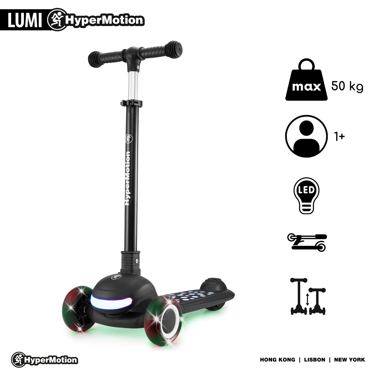 HyperMotion LUMI monopattino di equilibrio 3 in 1 - pedana illuminata e ruote a LED, colore nero