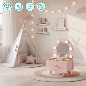 Mini toletta in legno per bambini con accessori e illuminazione a LED con regolazione continua della luminosità