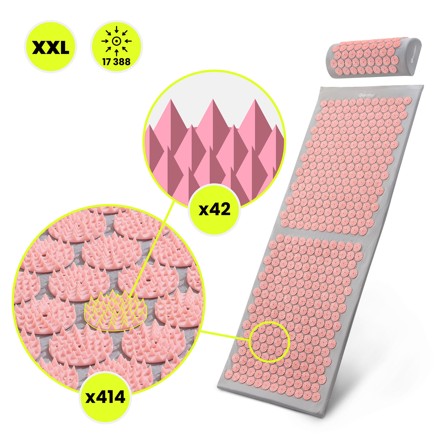 Tappetino per agopressione grande con cuscino e fodera - 130 cm HyperMotion grigio e rosa