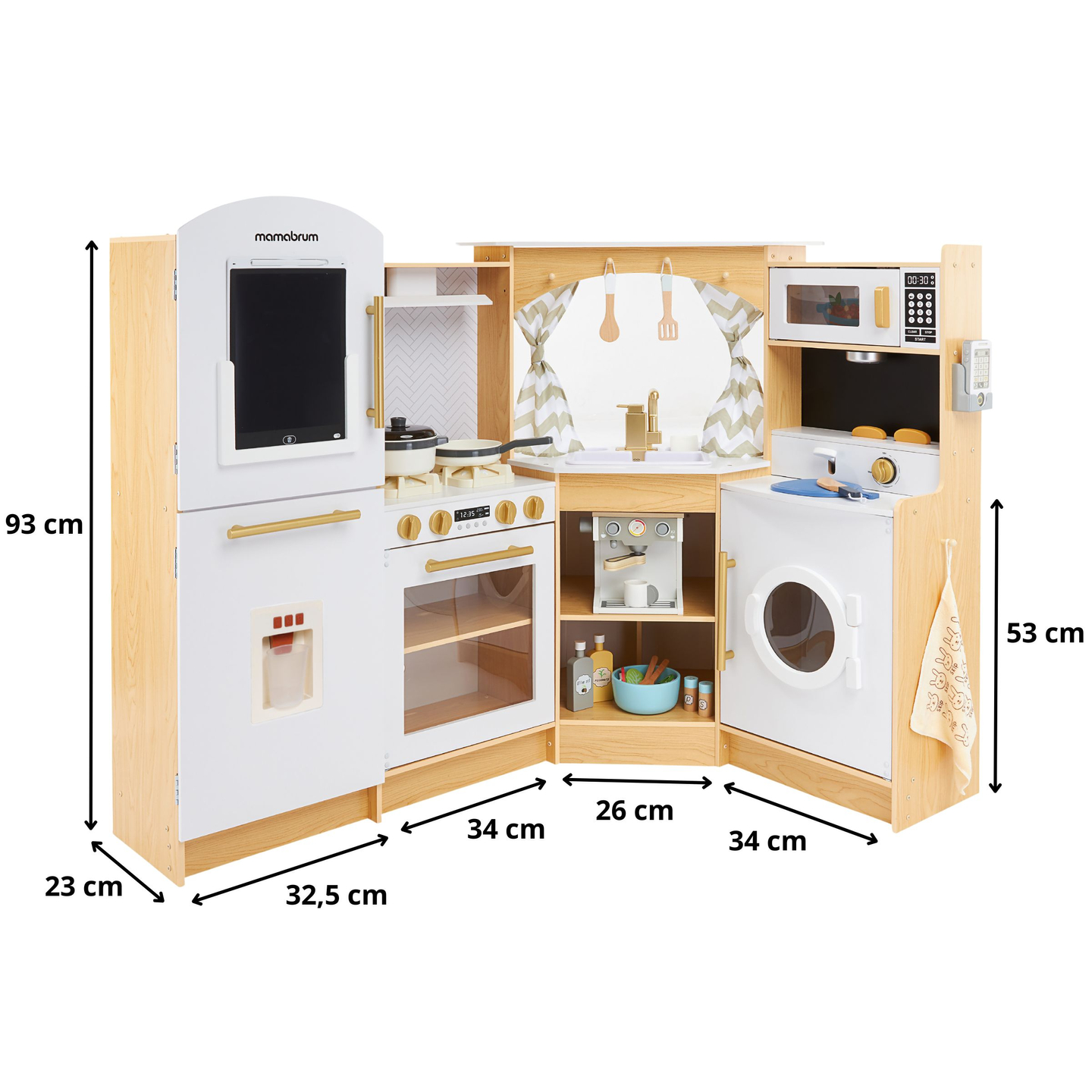 XXXXL grande cucina interattiva in legno con illuminazione a LED, lavatrice, macchina del caffè a microonde e set di frutta e verdura - 50 elementi