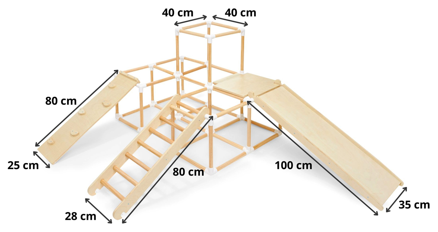 Grande parco giochi domestico XXL in legno - scivolo, scala, parete d'arrampicata, cubi per arrampicata