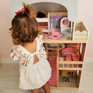 Grande casa delle bambole in legno a 3 piani con terrazza, set di mobili e illuminazione a LED!