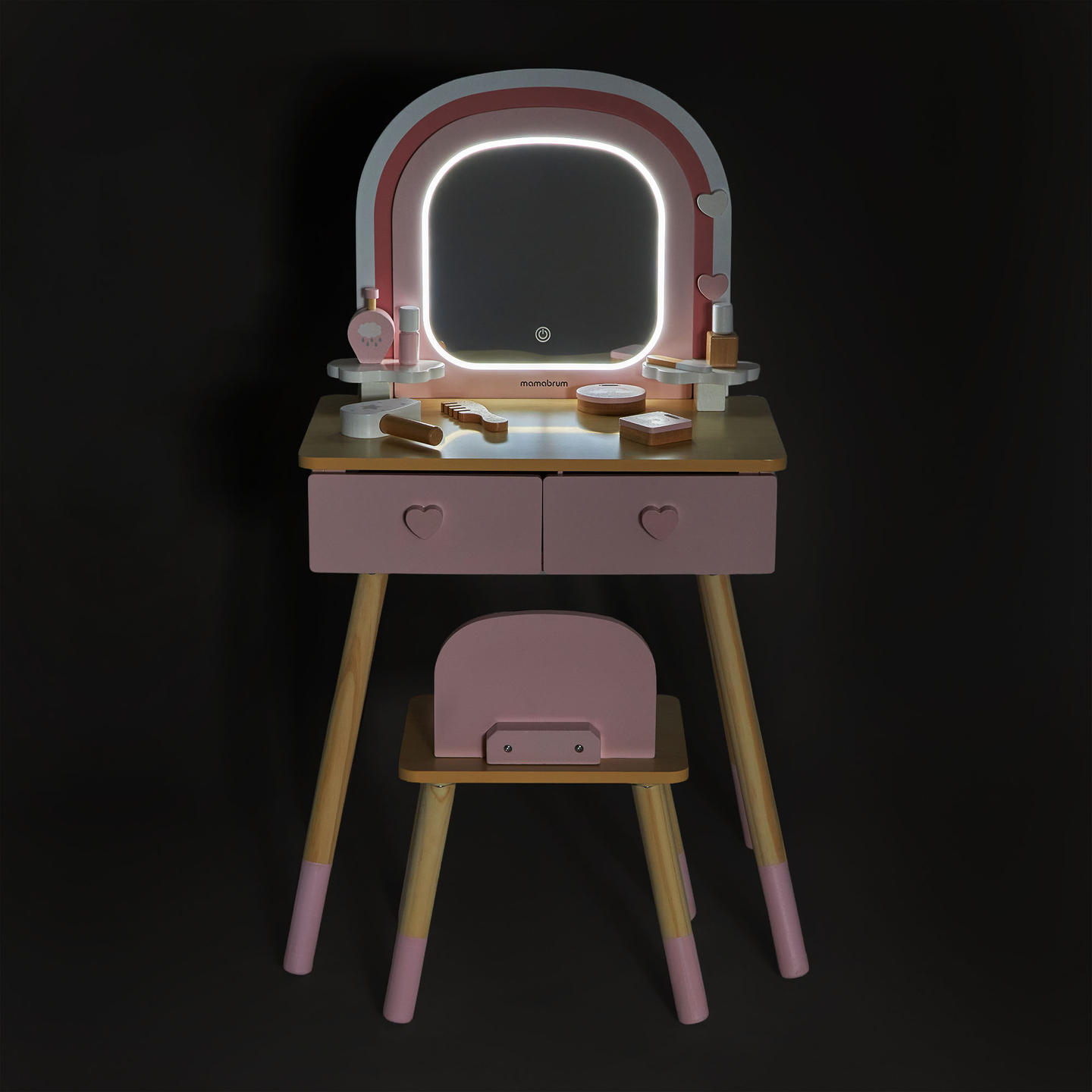 Toeletta in legno per bambini con illuminazione a LED con regolazione continua della luminosità, sedia e accessori