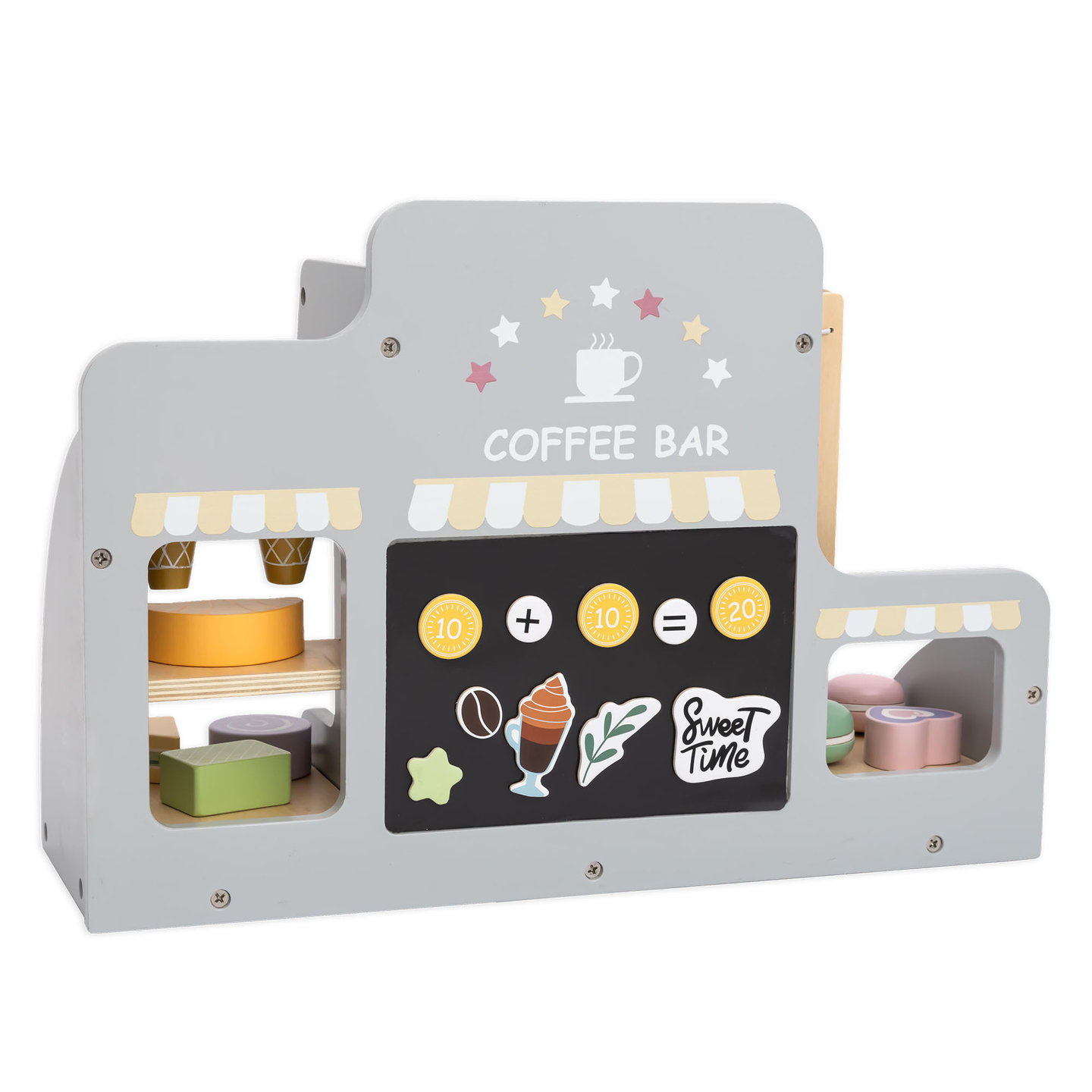 Una grande gelateria in legno con lavagna magnetica, macchina del caffè e set di gelati e dessert - oltre 70 pezzi!