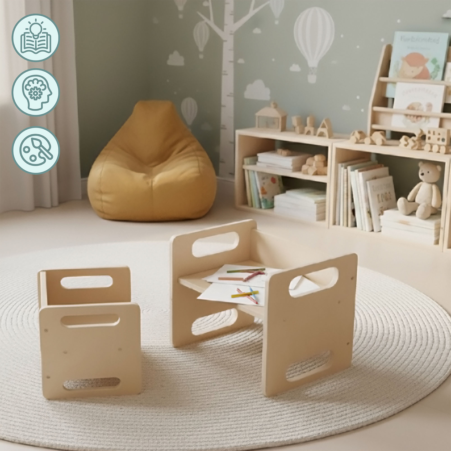 Tavolo e sedia in legno con funzione di gradino: un set Montessori multifunzionale per bambini