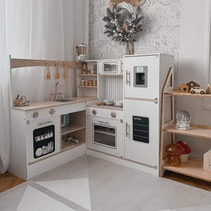 Cucina ad angolo interattiva in legno XXXL con frigorifero, microonde, forno, lavastoviglie e accessori - bianco