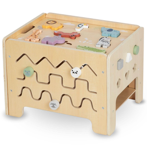 Scatola manipolativa in legno - Tavola Montessori con figure di animali e sedile
