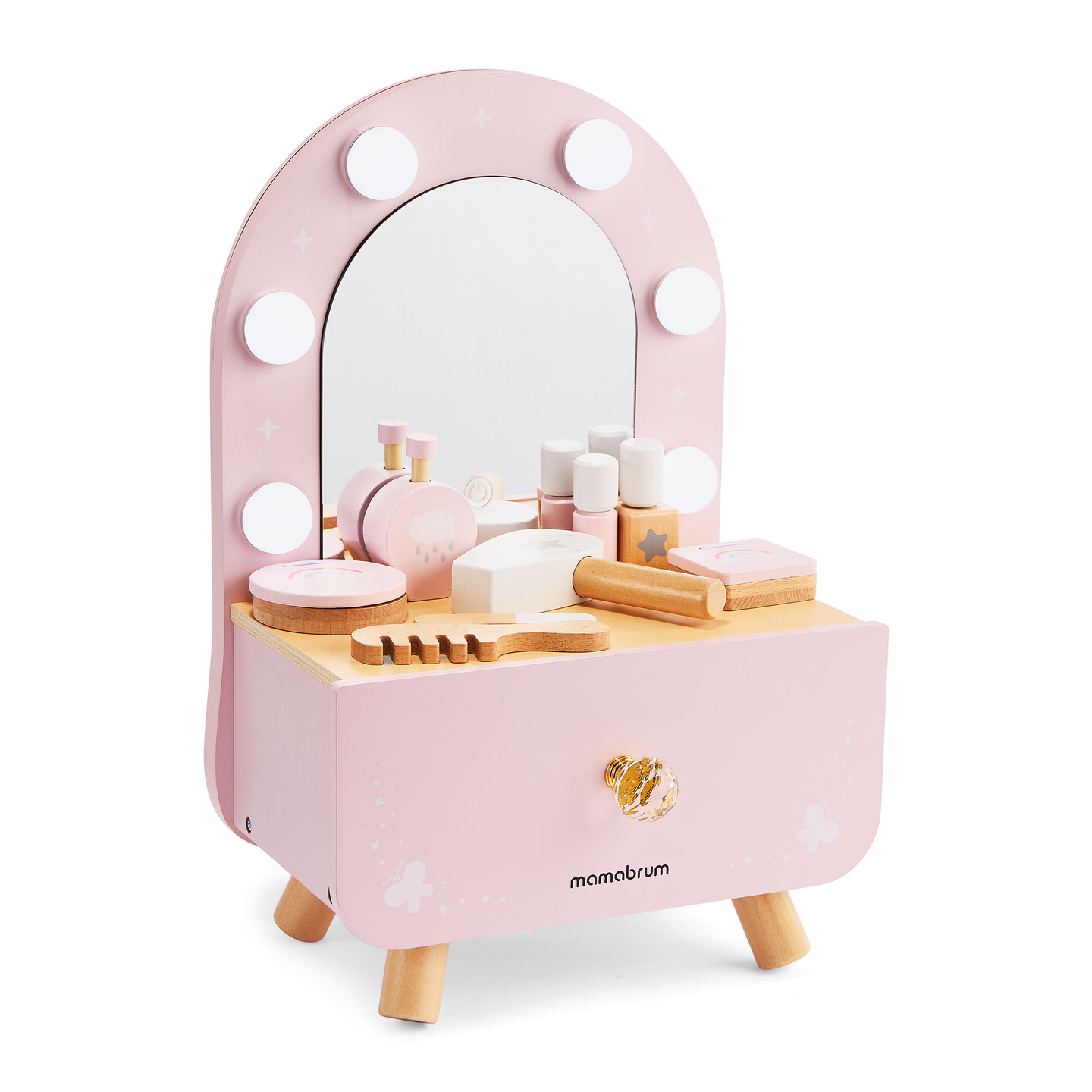Mini toletta in legno per bambini con accessori e illuminazione a LED con regolazione continua della luminosità