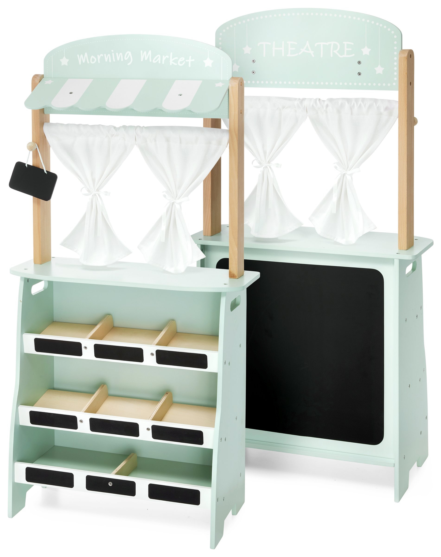 Grande negozio in legno - bancarella e teatro 2 in 1 con bilancia, terminale di pagamento, frutta e verdura