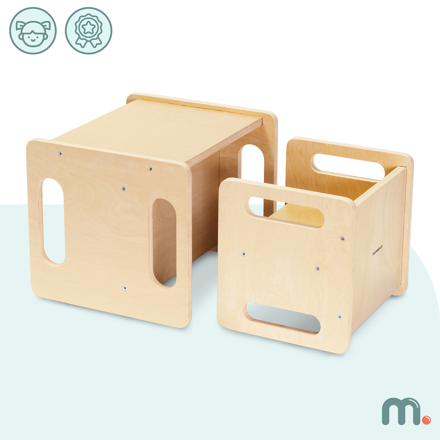 Tavolo e sedia in legno con funzione di gradino: un set Montessori multifunzionale per bambini