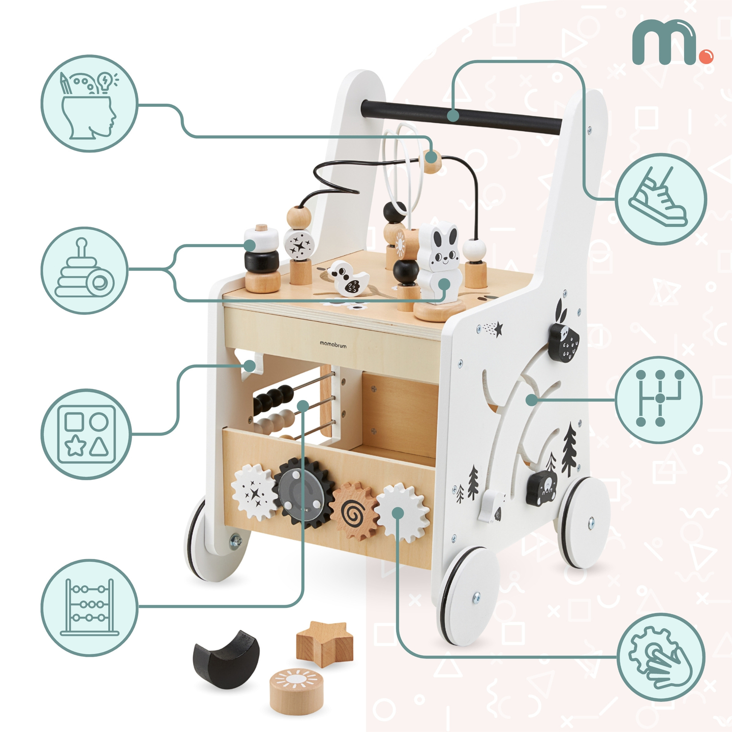 Passeggino in legno 6in1, girello con funzione di tavolo didattico