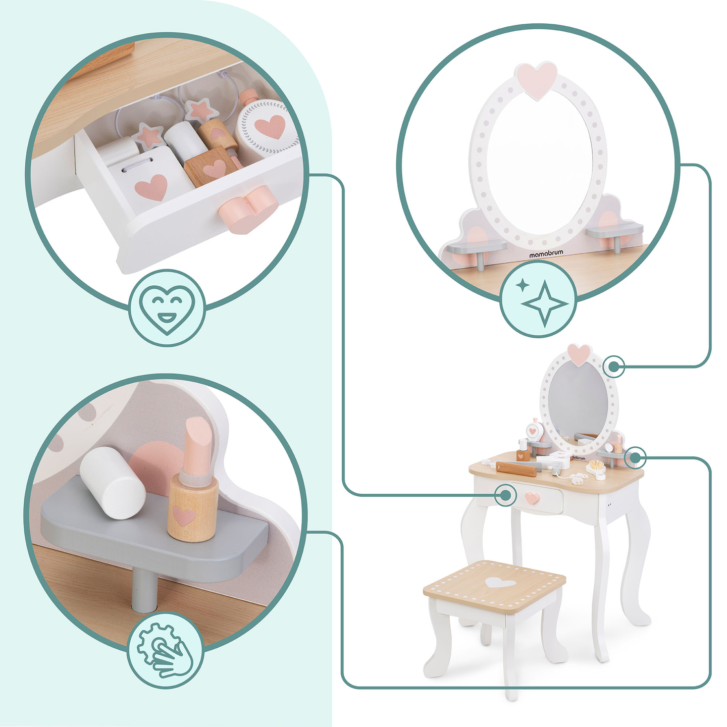 Tavolino da toilette in legno con sgabello e accessori