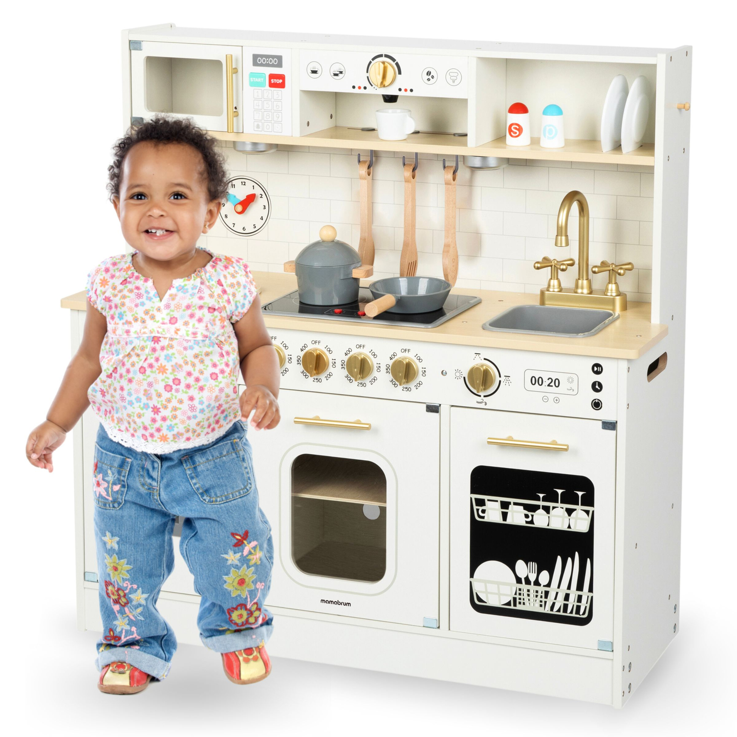 Cucina interattiva XXL in legno con accessori e illuminazione a LED - su due livelli