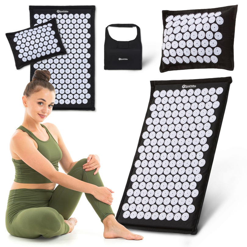 Tappetino per agopressione in lino ecologico con cuscino in fibra di cocco e grano saraceno – 68 cm HyperMotion nero e bianco