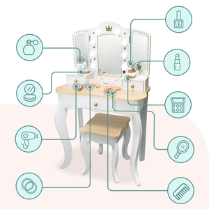 Tavolino da toilette XXL in legno con sgabello e illuminazione a LED per bambini + accessori