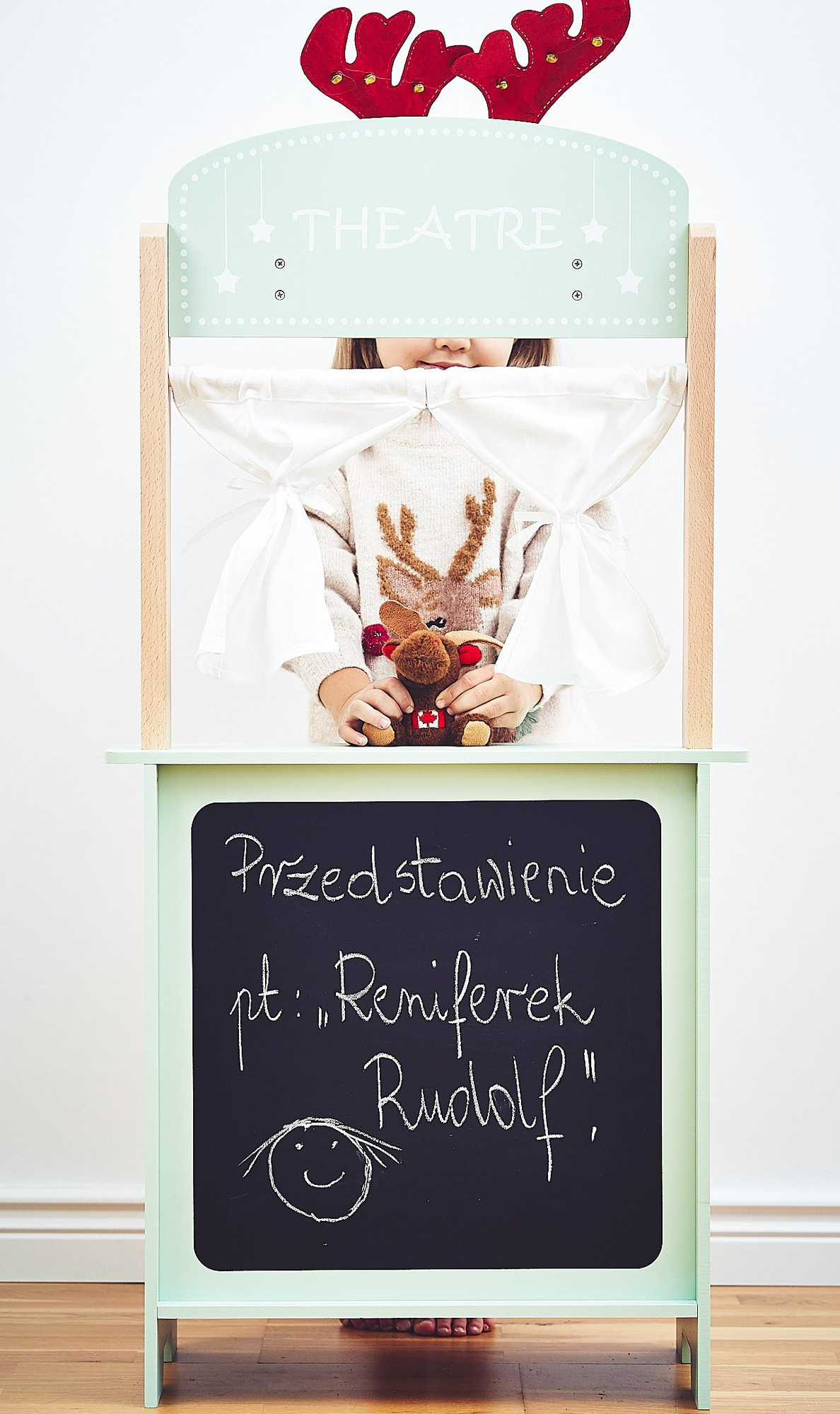 Grande negozio in legno - bancarella e teatro 2 in 1 con bilancia, terminale di pagamento, frutta e verdura