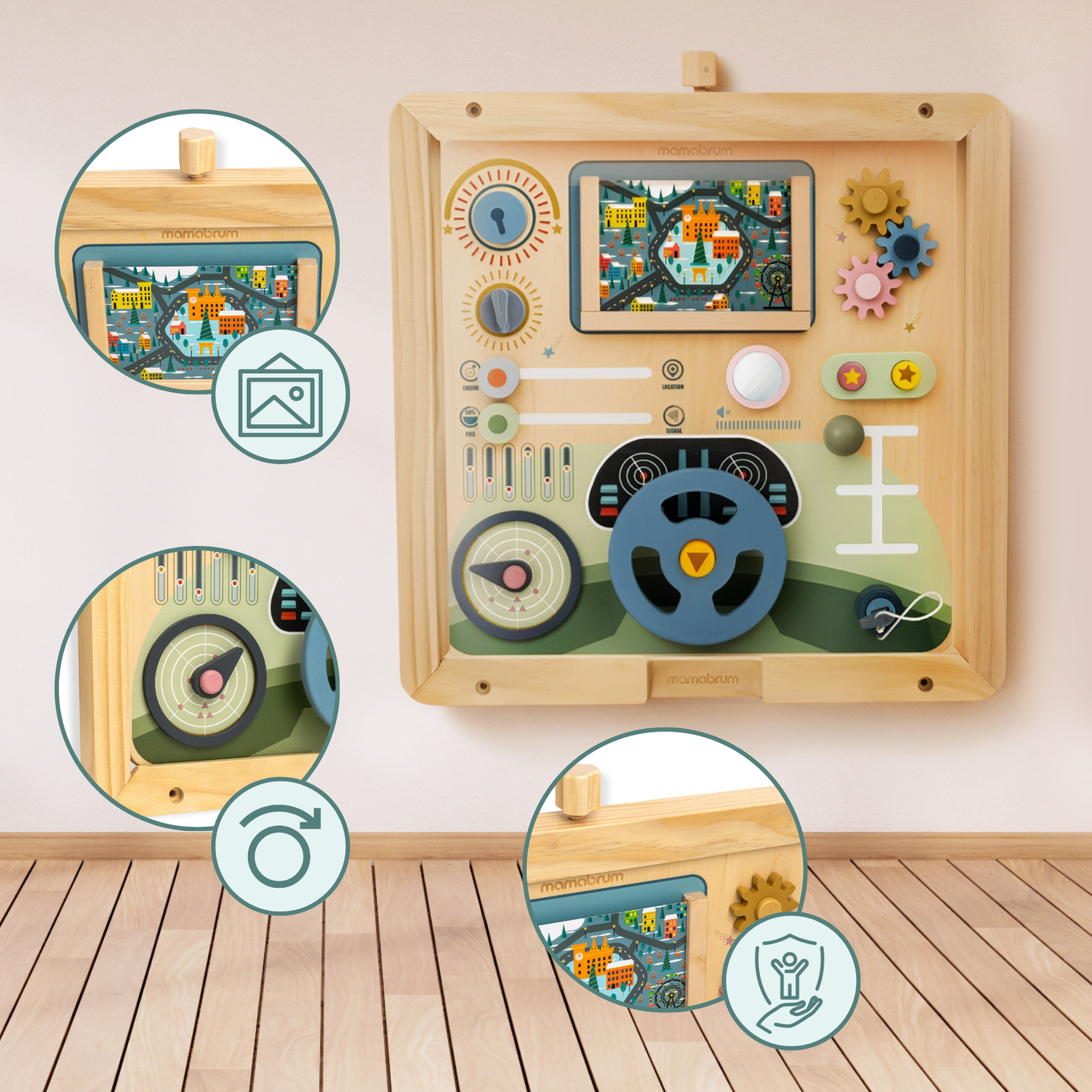 Tavola Montessori in legno 2 in 1 Cockpit per piccoli conducenti e piloti: volante, cambio, mappe di viaggio, radar
