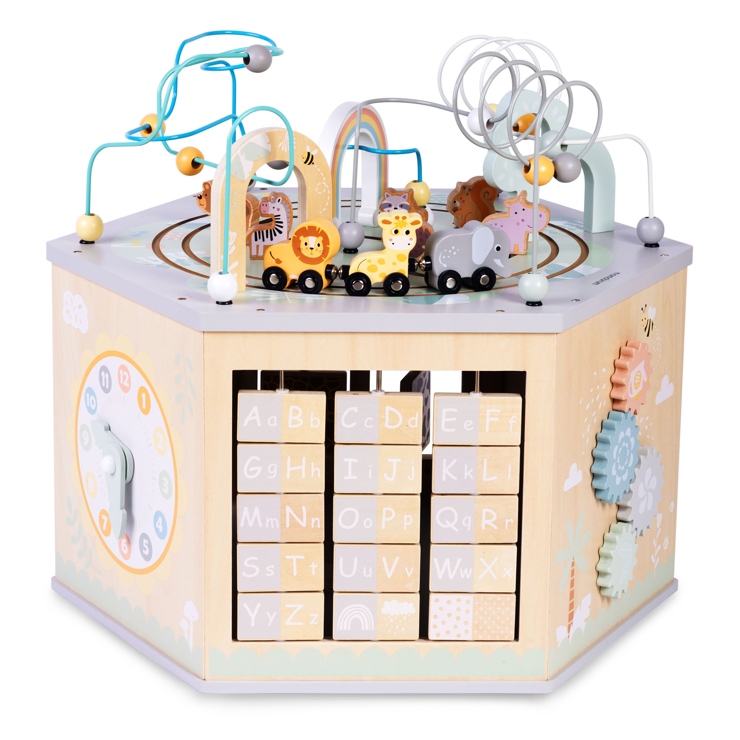 Grande cubo educativo in legno: un giocattolo Montessori con un treno magnetico e circuiti motori